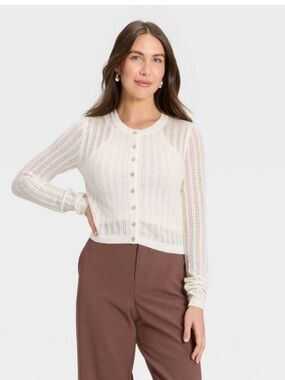 a new day Cream Pointelle Button-Front Cardigan